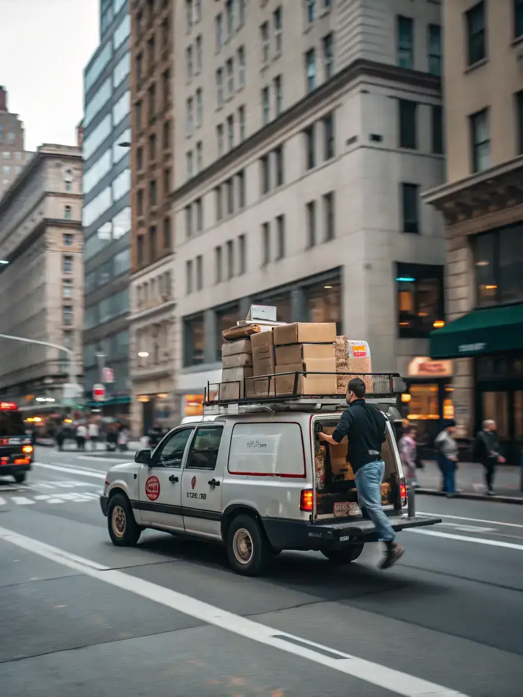 A high-quality photograph showcasing a Global Move Logistics branded delivery truck in a bustling city, emphasizing speed and efficiency.